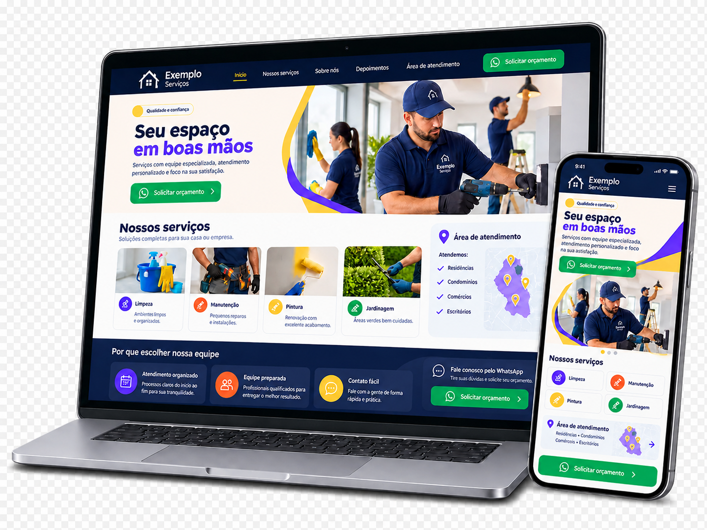 Exemplo de estrutura visual responsiva para uma pequena empresa de serviços